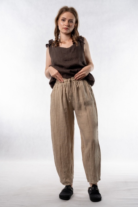 Spodnie damskie 100% len WIYA – fason barrel leg - Safari
