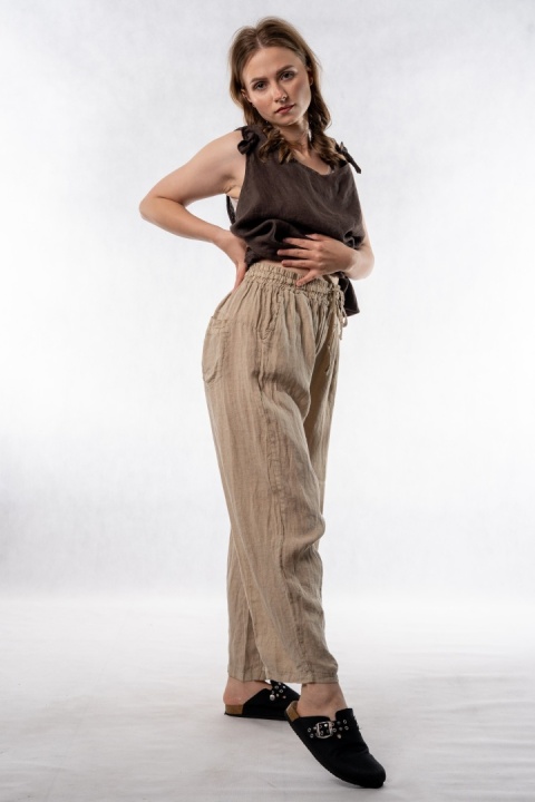 Spodnie damskie 100% len WIYA – fason barrel leg - Safari