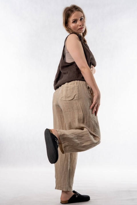 Spodnie damskie 100% len WIYA – fason barrel leg - Safari