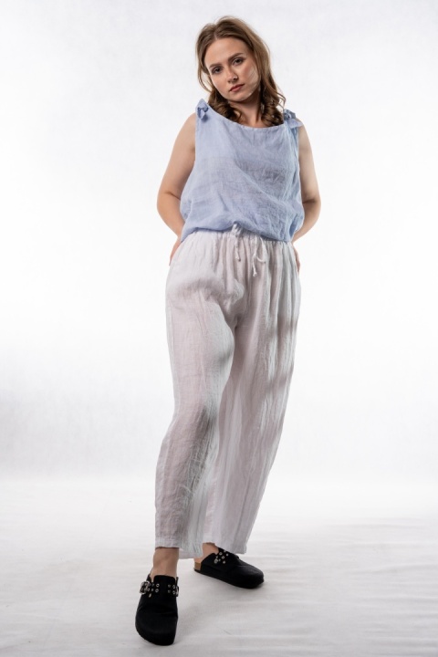 Spodnie damskie 100% len WIYA – fason barrel leg - Bianco