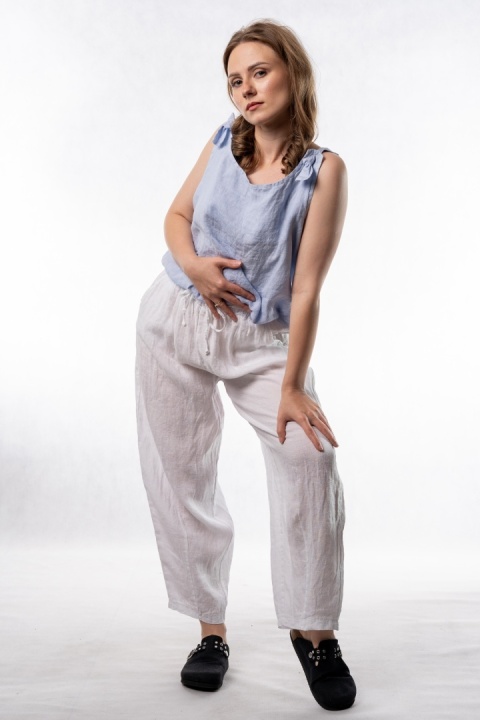 Spodnie damskie 100% len WIYA – fason barrel leg - Bianco
