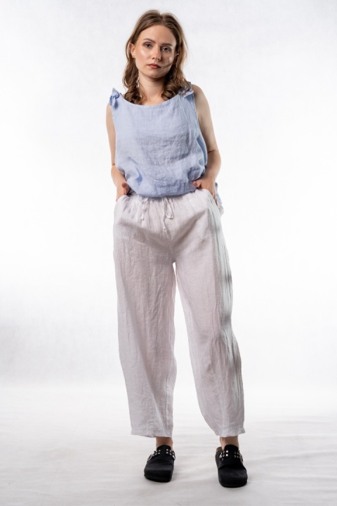Spodnie damskie 100% len WIYA – fason barrel leg - Bianco