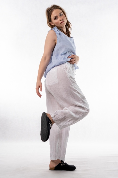 Spodnie damskie 100% len WIYA – fason barrel leg - Bianco