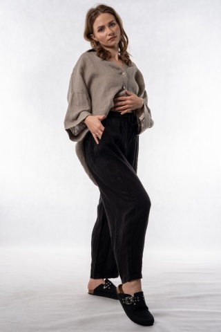 Spodnie damskie 100% len WIYA – fason barrel leg - Nero
