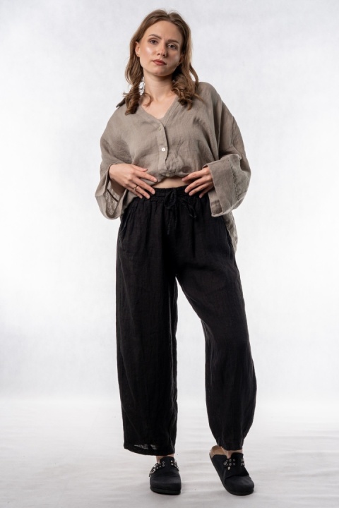 Spodnie damskie 100% len WIYA – fason barrel leg - Nero