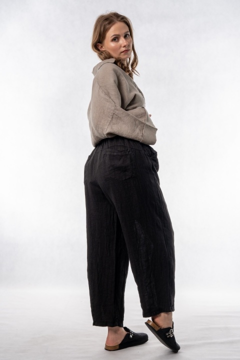 Spodnie damskie 100% len WIYA – fason barrel leg - Nero
