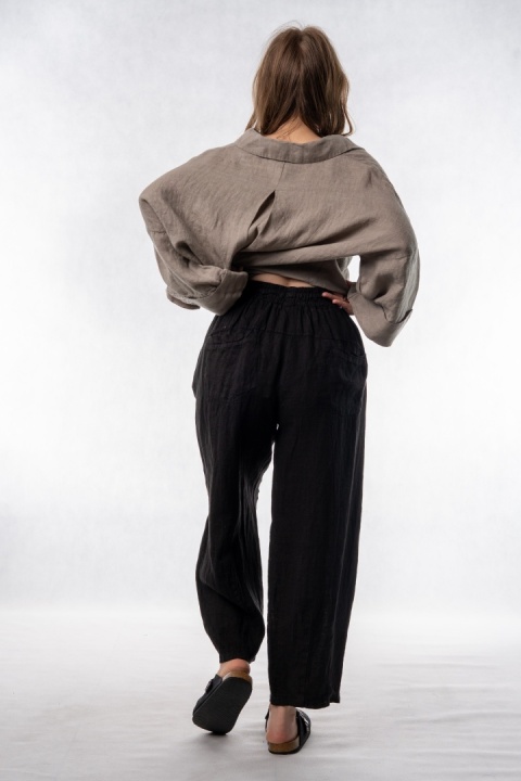 Spodnie damskie 100% len WIYA – fason barrel leg - Nero