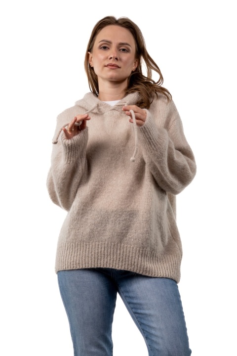 Sweter oversize z moherem i kapturem CXL Collection - Beżowy