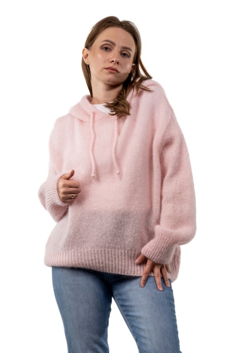 Sweter oversize z moherem i kapturem CXL Collection - Pudrowy Róż