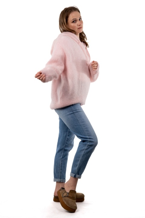 Sweter oversize z moherem i kapturem CXL Collection - Pudrowy Róż