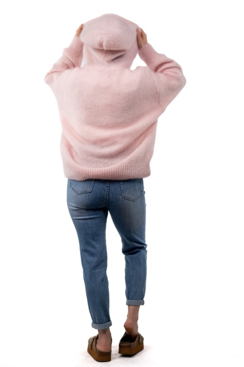 Sweter oversize z moherem i kapturem CXL Collection - Pudrowy Róż