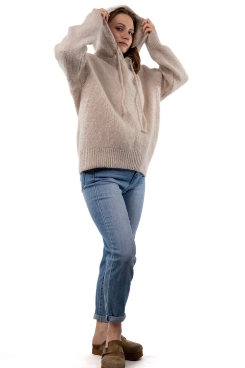 Sweter oversize z moherem i kapturem CXL Collection - Beżowy