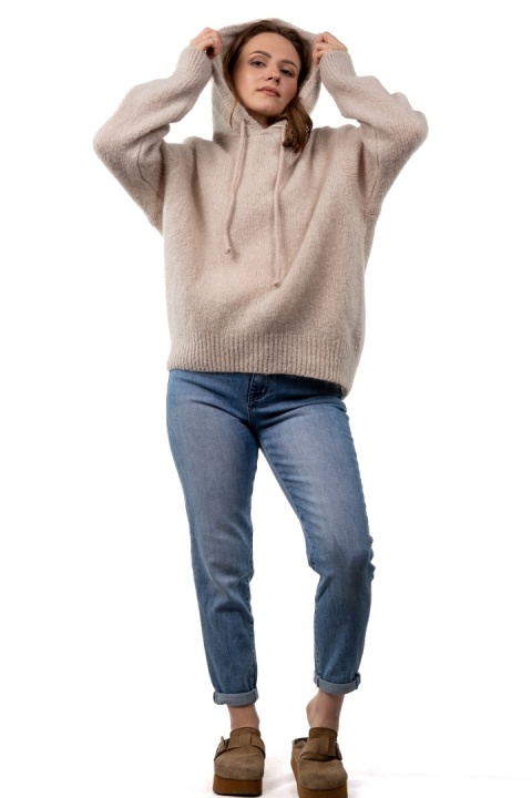 Sweter oversize z moherem i kapturem CXL Collection - Beżowy