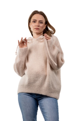Sweter oversize z moherem i kapturem CXL Collection - Jasny beż / ecru