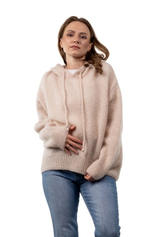 Sweter oversize z moherem i kapturem CXL Collection - Jasny beż / ecru