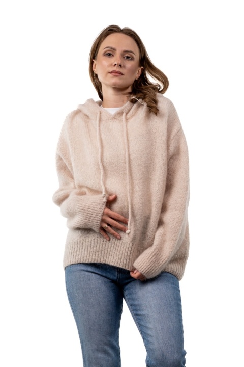 Sweter oversize z moherem i kapturem CXL Collection - Jasny beż / ecru