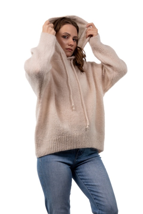 Sweter oversize z moherem i kapturem CXL Collection - Jasny beż / ecru