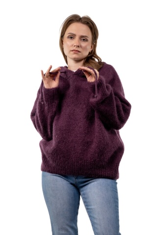 Sweter oversize z moherem i kapturem CXL Collection - Śliwkowo - bakłażanowy