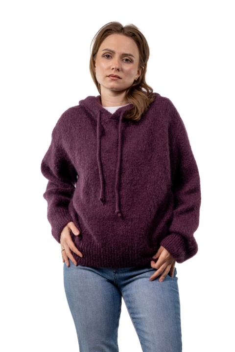 Sweter oversize z moherem i kapturem CXL Collection - Śliwkowo - bakłażanowy