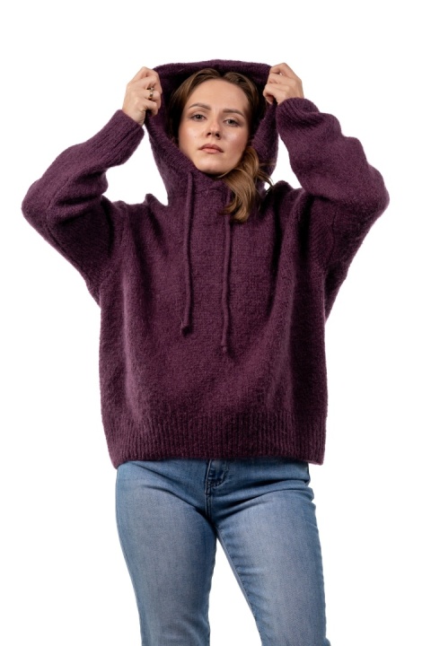 Sweter oversize z moherem i kapturem CXL Collection - Śliwkowo - bakłażanowy