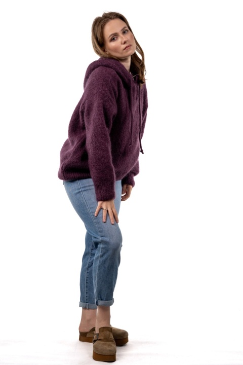 Sweter oversize z moherem i kapturem CXL Collection - Śliwkowo - bakłażanowy