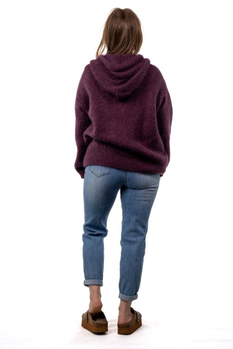 Sweter oversize z moherem i kapturem CXL Collection - Śliwkowo - bakłażanowy