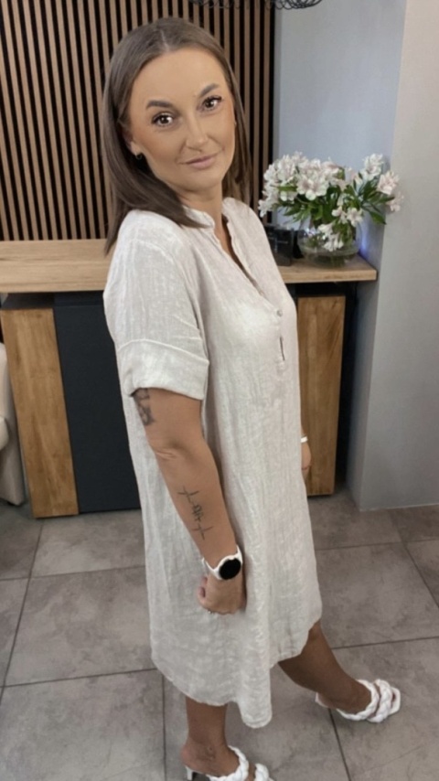 Sukienka “Livia” – koszulowa sukienka lniana Beżowa Sukienka “Livia” – koszulowa sukienka lniana Beżowa