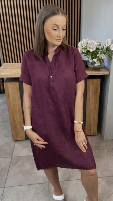 Sukienka “Livia” – koszulowa sukienka lniana Bordowa Sukienka “Livia” – koszulowa sukienka lniana Bordowa