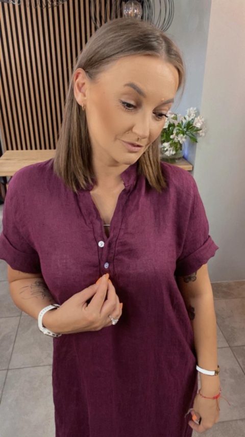 Sukienka “Livia” – koszulowa sukienka lniana Bordowa Sukienka “Livia” – koszulowa sukienka lniana Bordowa