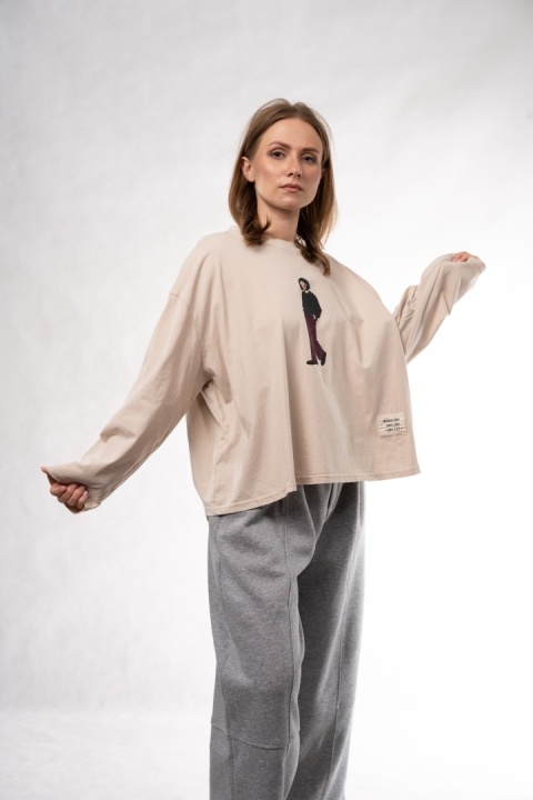 Bawełniany longsleeve oversize z grafiką i naszywką Eleven Studios Beżowy