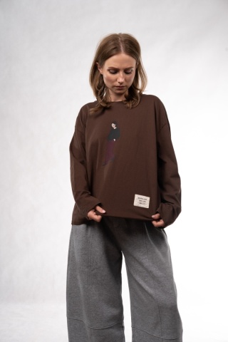 Bawełniany longsleeve oversize z grafiką i naszywką Eleven Studios Brązowy