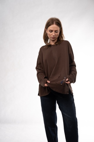 Bawełniany longsleeve oversize z kieszonką Eleven Studios Brązowy