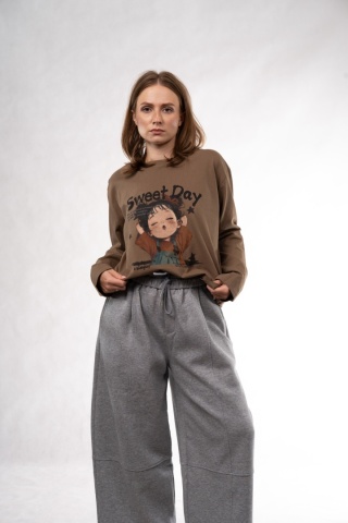 Bawełniany longsleeve z nadrukiem Sweet Day – Feiwenmeihai - Fango\Oliwkowy beż