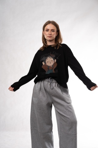 Bawełniany longsleeve z nadrukiem Sweet Day – Feiwenmeihai - Czarny