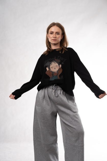Bawełniany longsleeve z nadrukiem Sweet Day – Feiwenmeihai - Czarny