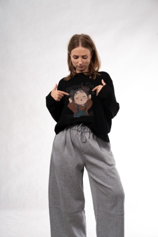 Bawełniany longsleeve z nadrukiem Sweet Day – Feiwenmeihai - Czarny