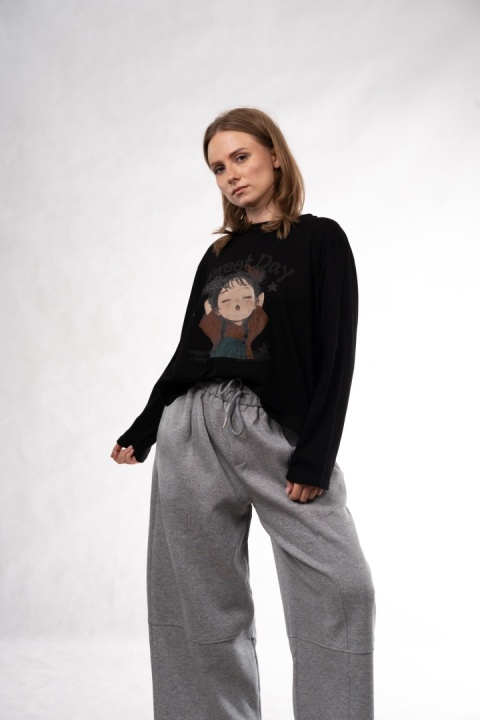 Bawełniany longsleeve z nadrukiem Sweet Day – Feiwenmeihai - Czarny