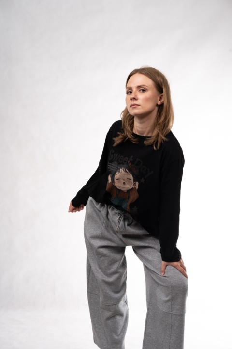 Bawełniany longsleeve z nadrukiem Sweet Day – Feiwenmeihai - Czarny