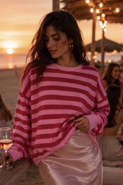 Bluza Basic Short Lenoshka – różowo-czerwone pasy
