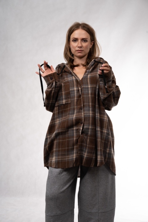 Flanelowa koszula oversize z kapturem w kratę JOY
