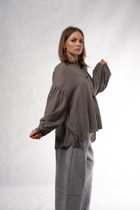 Koszula oversize w drobną kratę z bufiastymi rękawami Wiya -Nero