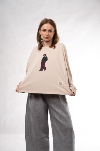 Bawełniany longsleeve oversize z grafiką Eleven Studios Beżowa