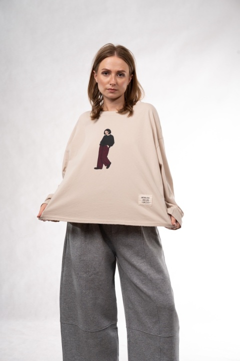Bawełniany longsleeve oversize z grafiką Eleven Studios Beżowa
