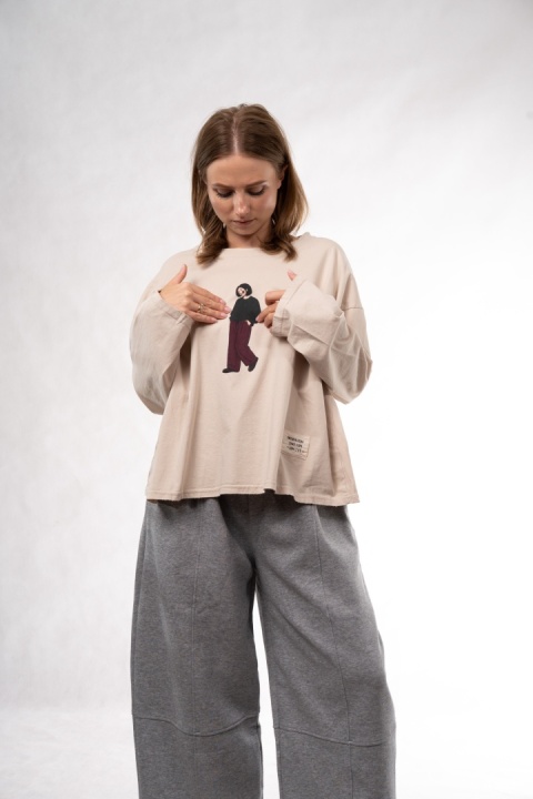 Bawełniany longsleeve oversize z grafiką Eleven Studios Beżowa