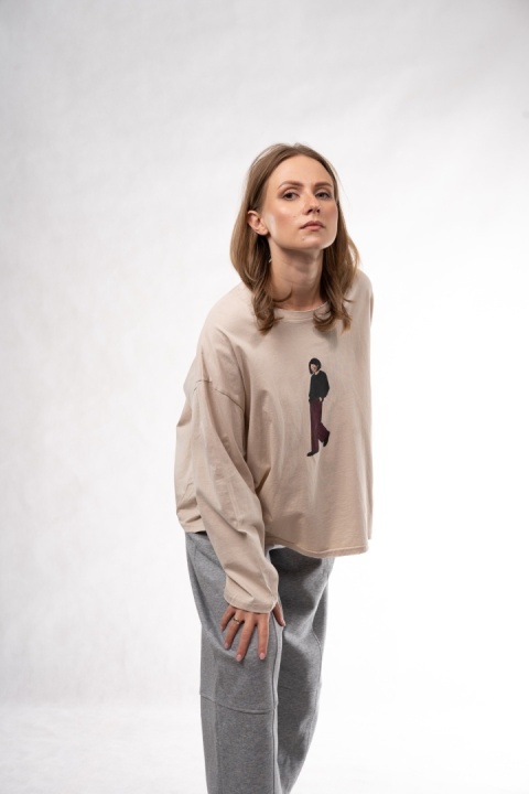 Bawełniany longsleeve oversize z grafiką Eleven Studios Beżowa
