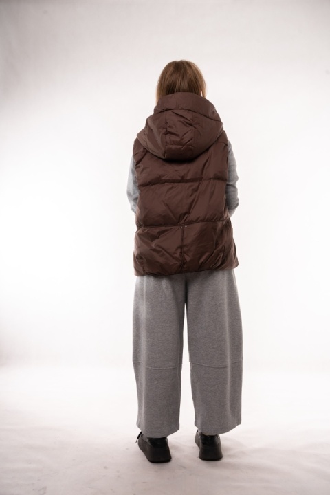 Puchowa kamizelka oversize z kapturem - naturalny puch Brązowy