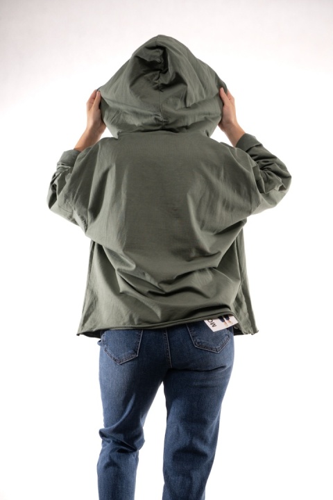 Bawełniana bluza oversize z kapturem i asymetrycznym dekoltem Khaki Gioya 12861