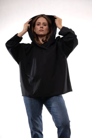 Bawełniana bluza oversize z kapturem i asymetrycznym dekoltem Czarna Gioya 12861