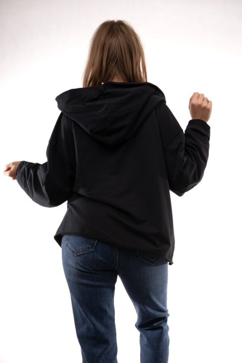 Bawełniana bluza oversize z kapturem i asymetrycznym dekoltem Czarna Gioya 12861