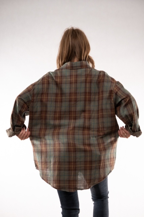 Bawełniana koszula oversize w patchworkową kratę JOY Zielono-brązowy 9756